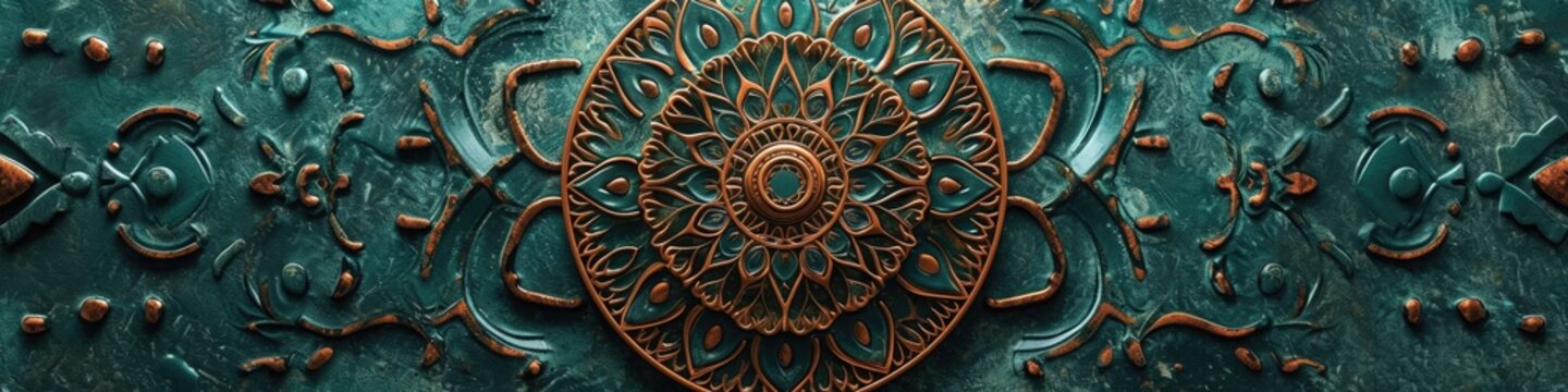 a stunning mandala against a mint green surface, highlighting the intricate details and refreshing colors in stunning high-definition.