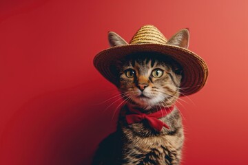 Cute tabby cat wearing a straw hat on a red background - obrazy, fototapety, plakaty