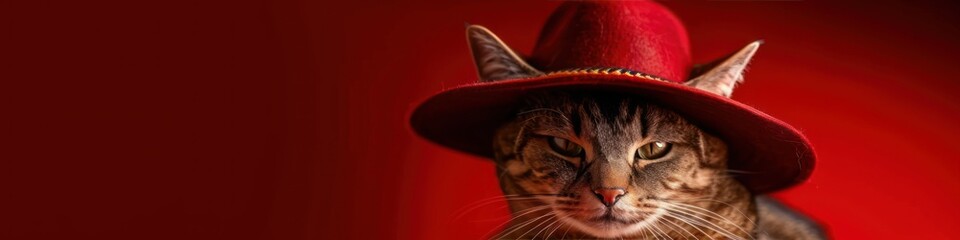 Funny cat in a red hat on a red background. Banner. - obrazy, fototapety, plakaty