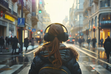 woman walking down a bustling street, headphones in - obrazy, fototapety, plakaty