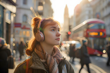 A woman wearing earphones is walking down a street. She appears focused as she moves forward along the sidewalk.
 - obrazy, fototapety, plakaty