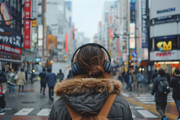 woman walking down a bustling street, headphones in - obrazy, fototapety, plakaty