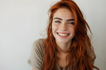 Naklejka premium Closeup of happy attractive young woman with long wavy red hair and freckles wears stylish t shirt looks happy and smiling isolated over white background