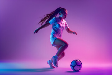 Dynamic portrait of female soccer player practicing with football ball isolated on purple studio background in neon light. Sport, action, motion, fitness - obrazy, fototapety, plakaty