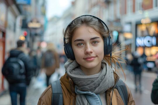 A woman wearing earphones is walking down a street. She appears focused as she moves forward along the sidewalk.
