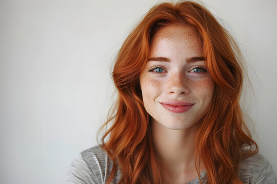 Closeup of happy attractive young woman with long wavy red hair and freckles wears stylish t shirt looks happy and smiling isolated over white background