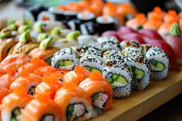 Sushi rolls beautifully presented on a platter, Artfully arranged sushi rolls on a serving platter.
