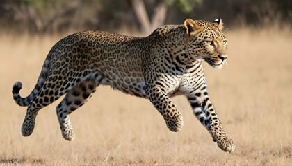 A Leopard With Its Hind Legs Extended Mid Leap