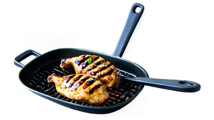 Tasty grilled chicken leg on white background, top view. BBQ food

