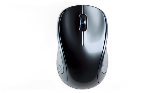 Wireless black computer mouse top view. Isolated png with transparency
