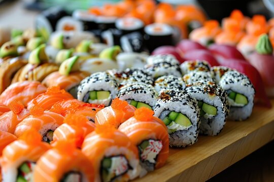 Sushi rolls beautifully presented on a platter, Artfully arranged sushi rolls on a serving platter.