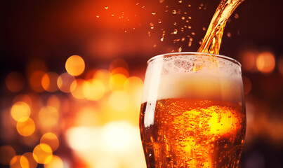 Close up of pouring beer, blurred bar background - 766649888