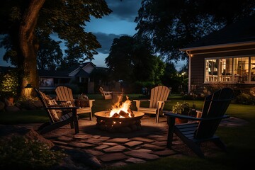 Fototapeta premium Warm summer evening in the backyard of a house with a fire pit