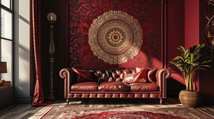 a stunning mandala pattern on a deep burgundy wall, offering an elegant touch to the room with a matching sofa. - obrazy, fototapety, plakaty