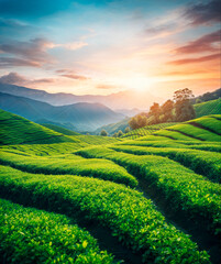 Tea plantation hills at sunrise time, beautiful landscape background - 766650011