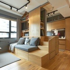 Fototapeta na wymiar A contemporary wooden interior showcases a multifunctional space with a cozy couch, built-in steps, and sleek kitchen in the background, exemplifying modern urban living