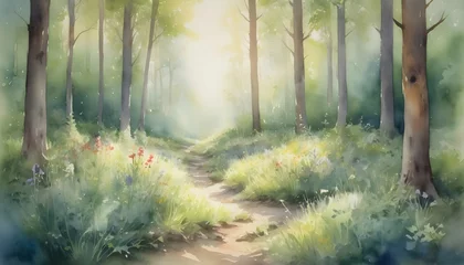 Stof per meter A Watercolor Painting Of A Serene Forest Glade Wi © epraeni1