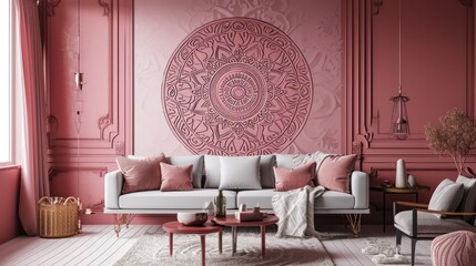 a stunning mandala pattern on a blush pink wall, offering an elegant touch to the room with a matching sofa.