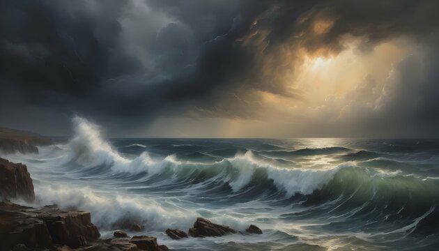 Atmospheric Oil Painting Of A Dramatic Stormy Sea