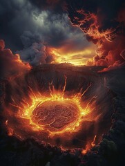 Craft a panoramic scene that showcases the juxtaposition of destruction and creation found in volcanic landscapes Use striking colors and intricate details to emphasize the raw power and stunning beau