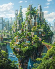 Craft an image of a utopian society where nature thrives amidst towering structures and efficient transportation systems Use vibrant colors and intricate details to depict a world where technology has - obrazy, fototapety, plakaty