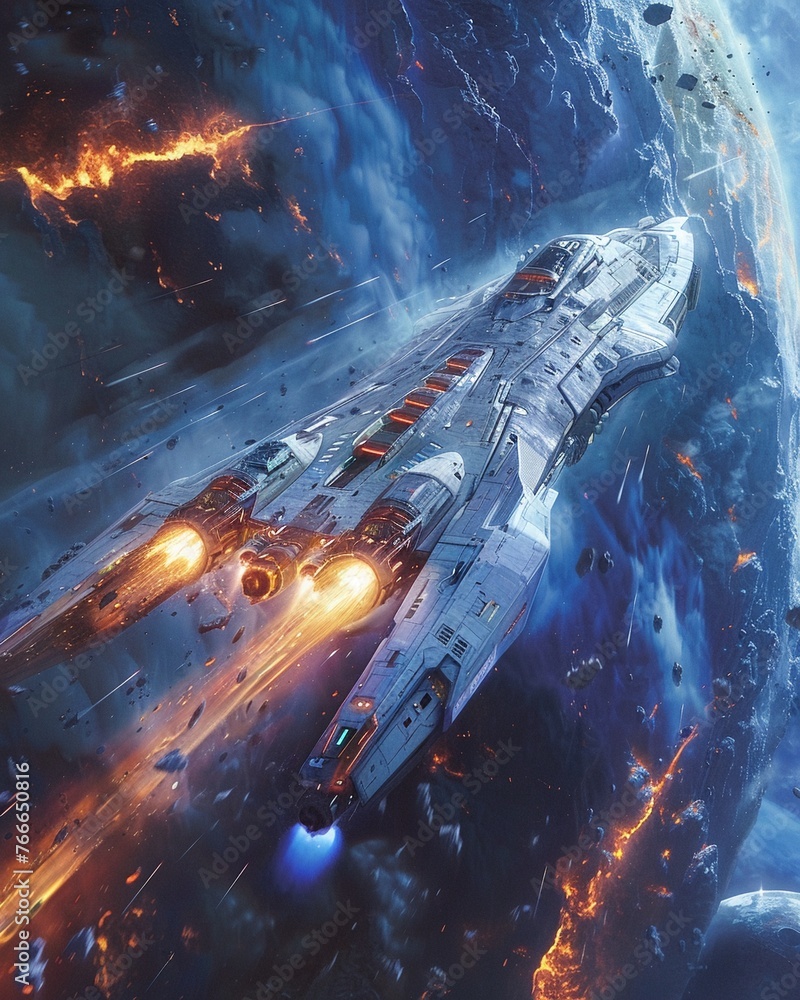 Poster design a futuristic and dynamic illustration for a sci-fi book cover, showcasing a spaceship sending