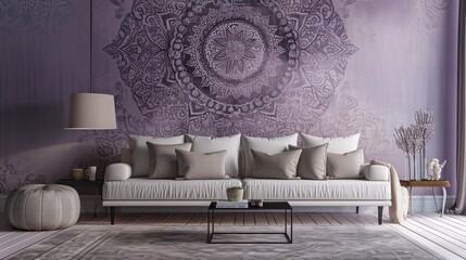 a stunning mandala pattern on a soft lavender gray wall, offering an elegant touch to the room with...