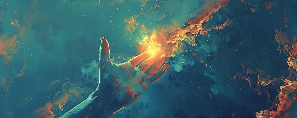 Design a visually compelling illustration of a hand reaching out towards a distant star, blending the boundaries of physical space with the endless pursuit of knowledge and discovery - obrazy, fototapety, plakaty