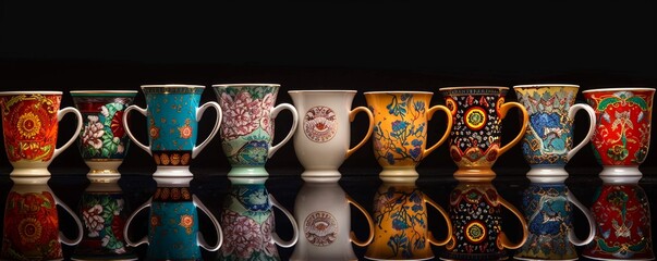 Design a visually stunning image showcasing cups styled in the iconic fashion of different historical eras - from ancient Rome to the roaring twenties The cups should be the focal point, each telling 