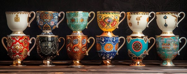 Design a visually stunning image showcasing cups styled in the iconic fashion of different historical eras - from ancient Rome to the roaring twenties The cups should be the focal point, each telling 