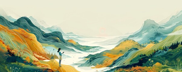 Design an eye-catching illustration depicting a vast, open landscape with a single figure engrossed in a digital device, symbolizing the evolving concept of solitude in a hyper-connected world Blend e - obrazy, fototapety, plakaty