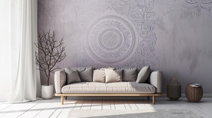 a stunning mandala pattern on a soft lavender gray wall, offering an elegant touch to the room with...