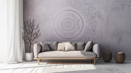 Rolgordijnen a stunning mandala pattern on a soft lavender gray wall, offering an elegant touch to the room with a matching sofa. © Ibraheem