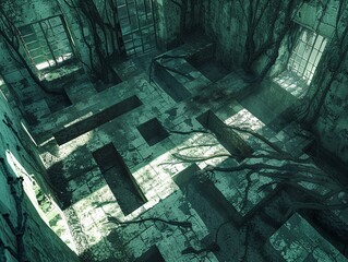 Illustrate a top-down perspective of a twisted maze with shadows lurking around corners, evoking a sense of mystery and confusion Perfect for a psychological thriller setting - obrazy, fototapety, plakaty