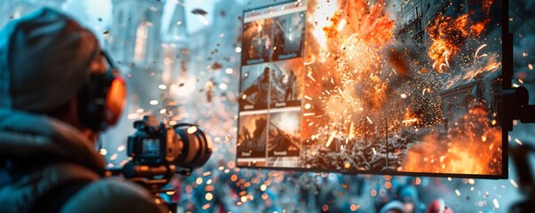 Illustrate the evolution of special effects in movies from a side view perspective Emphasize the magic of practical effects merging into digital wizardry Create a visually striking composition that sp