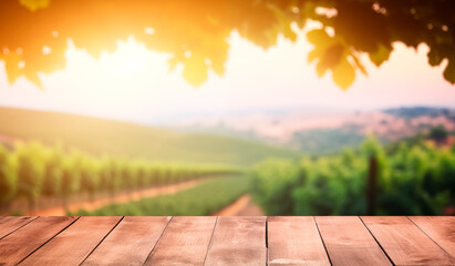 Empty wooden table with sunny vineyard background - 766651036
