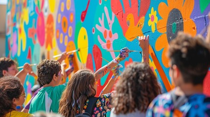 Illustrate the impact of art outreach programs by showcasing a vibrant mural being painted by community members of all ages, as seen from behind Emphasize the sense of unity, self-expression, and crea