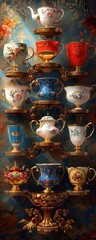 Imagine a creative composition featuring cups inspired by historical epochs such as the Renaissance, Victorian era, and Art Deco period The design should exude elegance and sophistication, with a mode