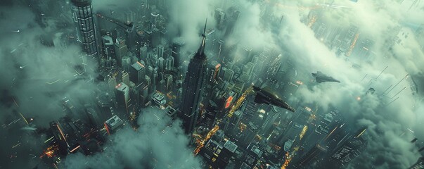 Imagine a futuristic world from above where human senses have transcended their natural limitations through innovative technological enhancements Design a compelling aerial scene that evokes a sense o - obrazy, fototapety, plakaty