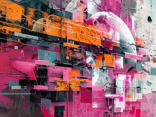 Transform the concept of digital graffiti into a striking side view composition, emphasizing the intersection of tech-savvy aesthetics and traditional urban art forms Craft an image that portrays the 