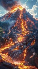 Transform the fiery lava flows and billowing ash clouds into a captivating visual narrative Blend the aggressive elements with the mesmerizing beauty of volcanic landscapes in a panoramic masterpiece  - obrazy, fototapety, plakaty
