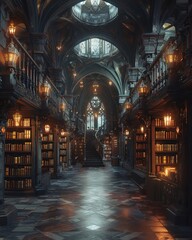 Transform the ordinary into the extraordinary by showcasing a low-angle perspective of a magical library within a wizard academy, filled with ancient tomes and glowing crystals Illuminate the scene wi - obrazy, fototapety, plakaty