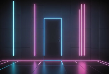 A futuristic neon led lit stage or platform is surrounded by glowing geometric lines and shapes against a dark background