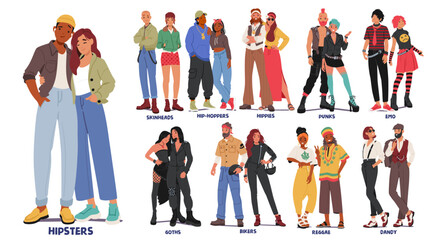 Set Of Different Subculture Couples. Hipster, Punk, Hippie, Goth and Emo, Dandy, Skinhead, Biker, Reggae Rastaman - obrazy, fototapety, plakaty