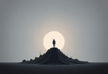 A silhouetted figure stands atop a solitary mound against a massive full moon in the distance, creating a surreal and contemplative scene - obrazy, fototapety, plakaty