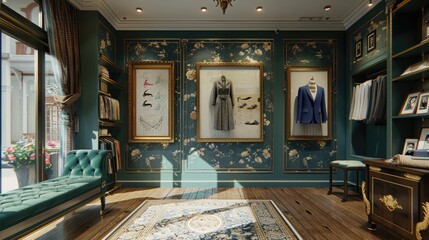 A stylish boutique interior with gold frame mockups exhibiting fashion sketches and designs.