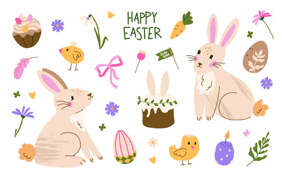 Cute Easter vector set. Happy Easter typography. Spring collection of bunnies, eggs, flowers and decorations. For poster, card, scrapbooking, stickers