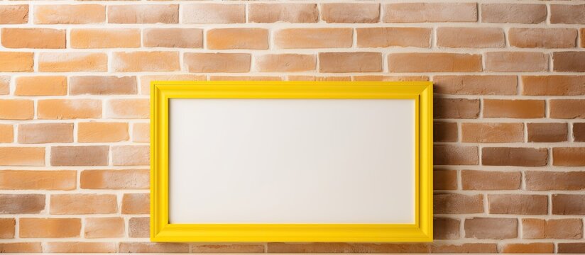 A yellow frame is mounted on a textured brick wall with a plain white background