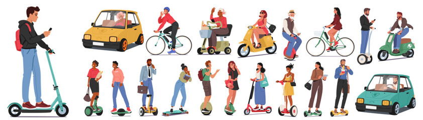 Characters Utilize Electrical Transport For Efficient, Eco-friendly Commuting. Electric Vehicles Reduce Carbon Emissions © Anna Syvak