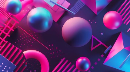 3D rendering of a colorful abstract background with spheres, cubes, and other geometric shapes.